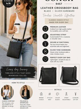 COACH 9457 Black Leather Crossbody Bag Shoulder Purse Silver Hardware Classic